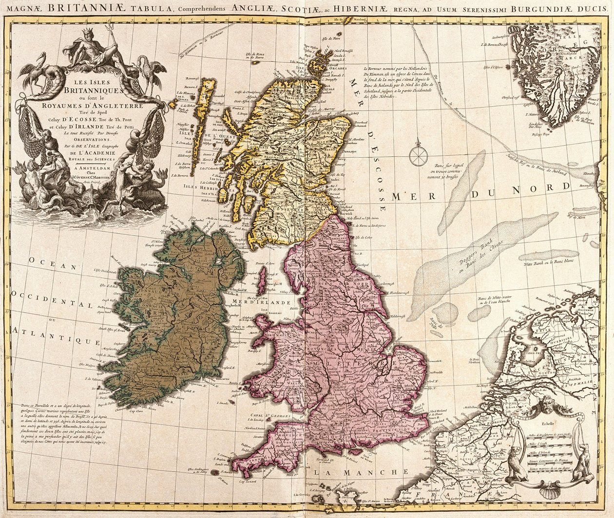 Mapa Britských ostrovů, Anglického království, Skotska a Irska (lept od Guillaume Delisle
