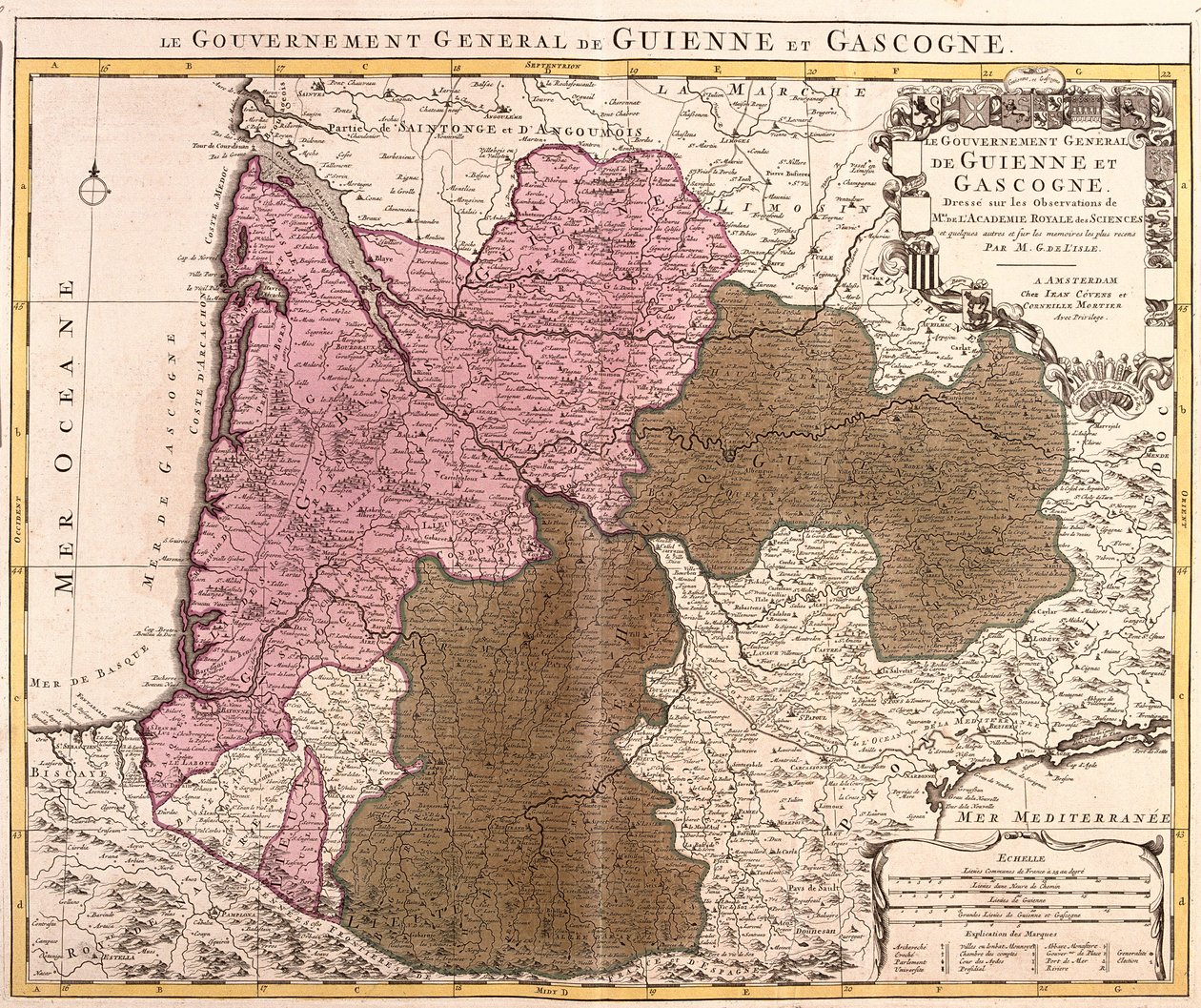 Mapa vlády Guyenne a Gascogne (Francie) (lept od Guillaume Delisle