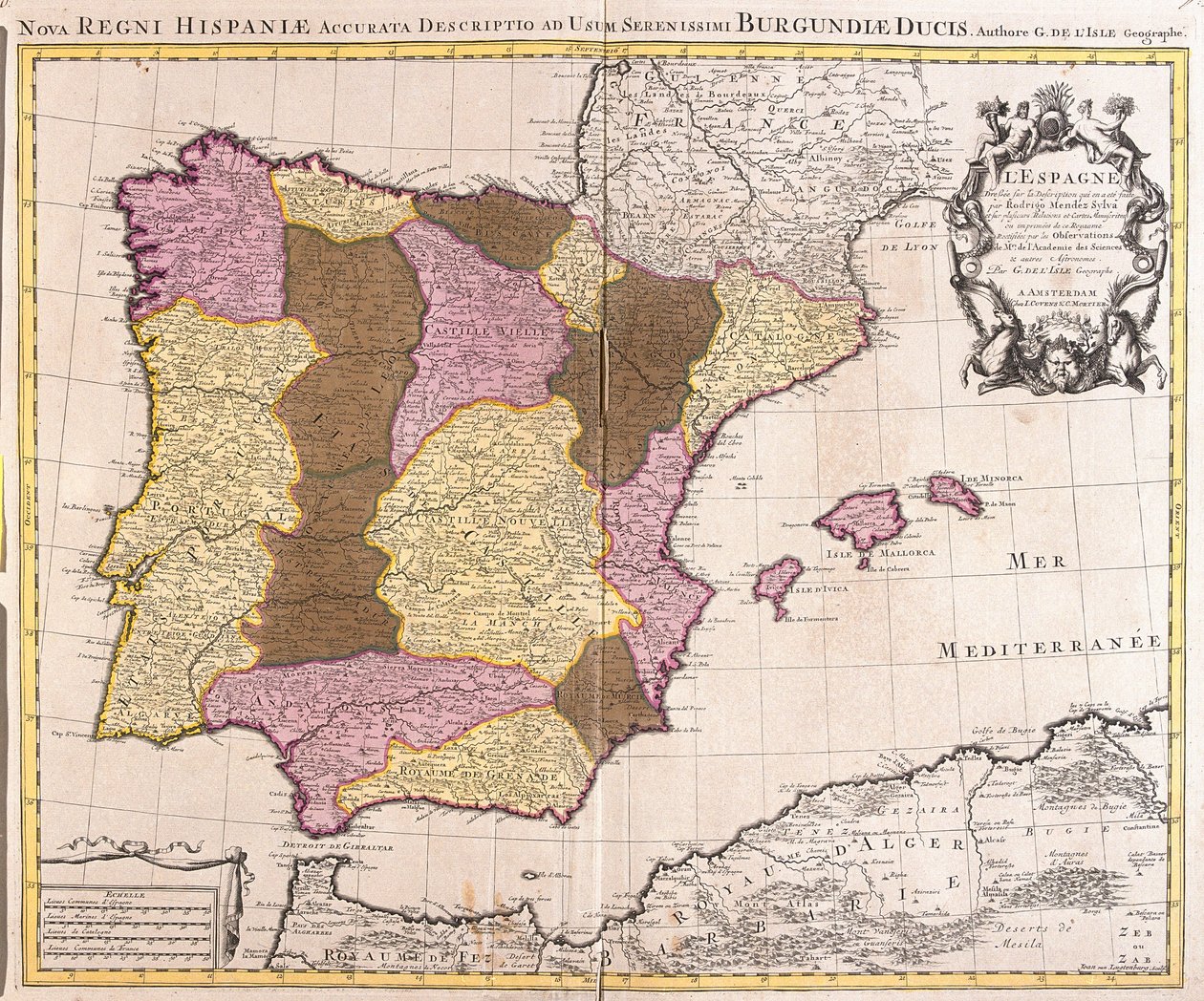 Mapa Pyrenejského poloostrova, Portugalského království a Španělska (lept od Guillaume Delisle