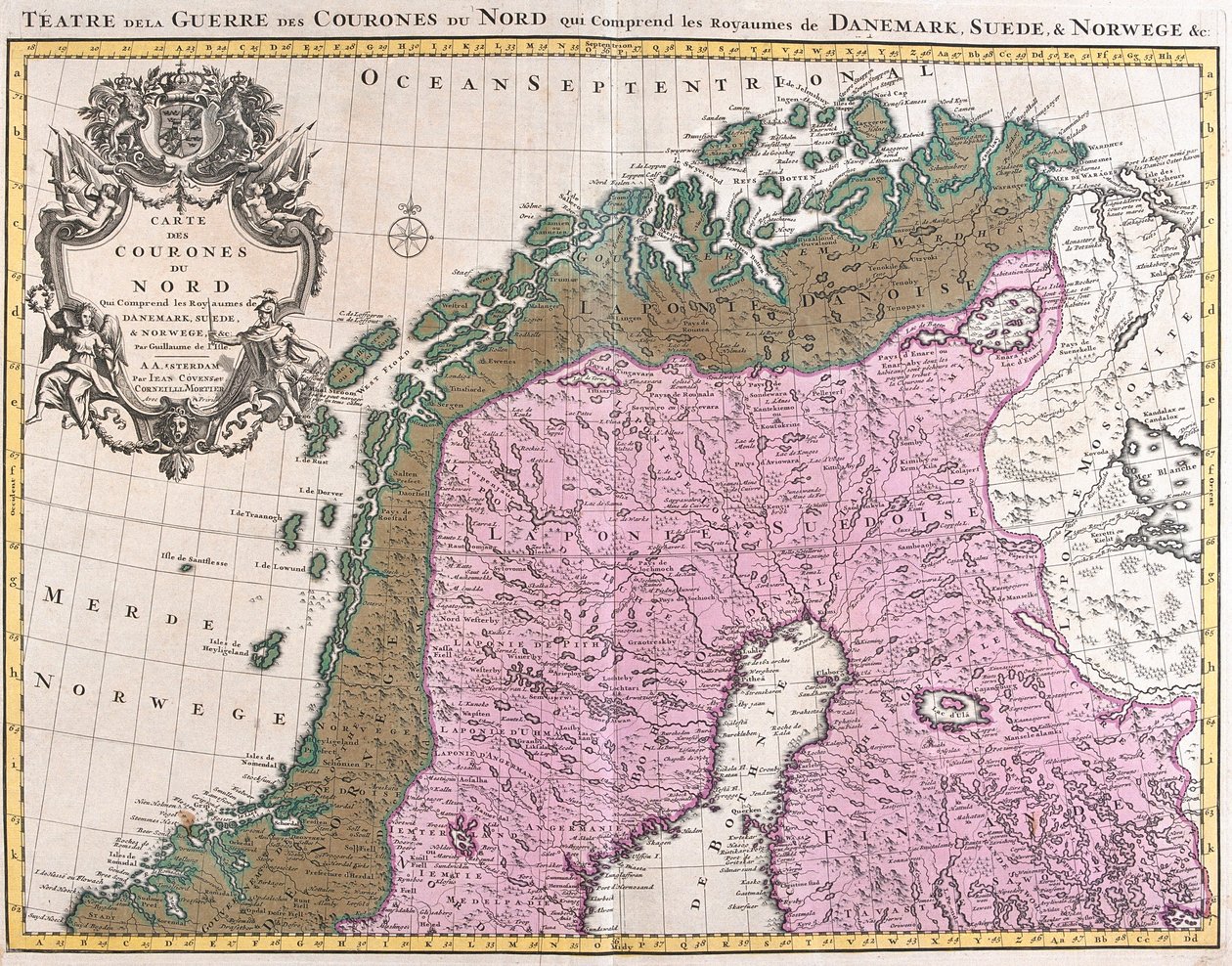 Mapa severských zemí, království Dánska, Švédska a Norska (lept od Guillaume Delisle