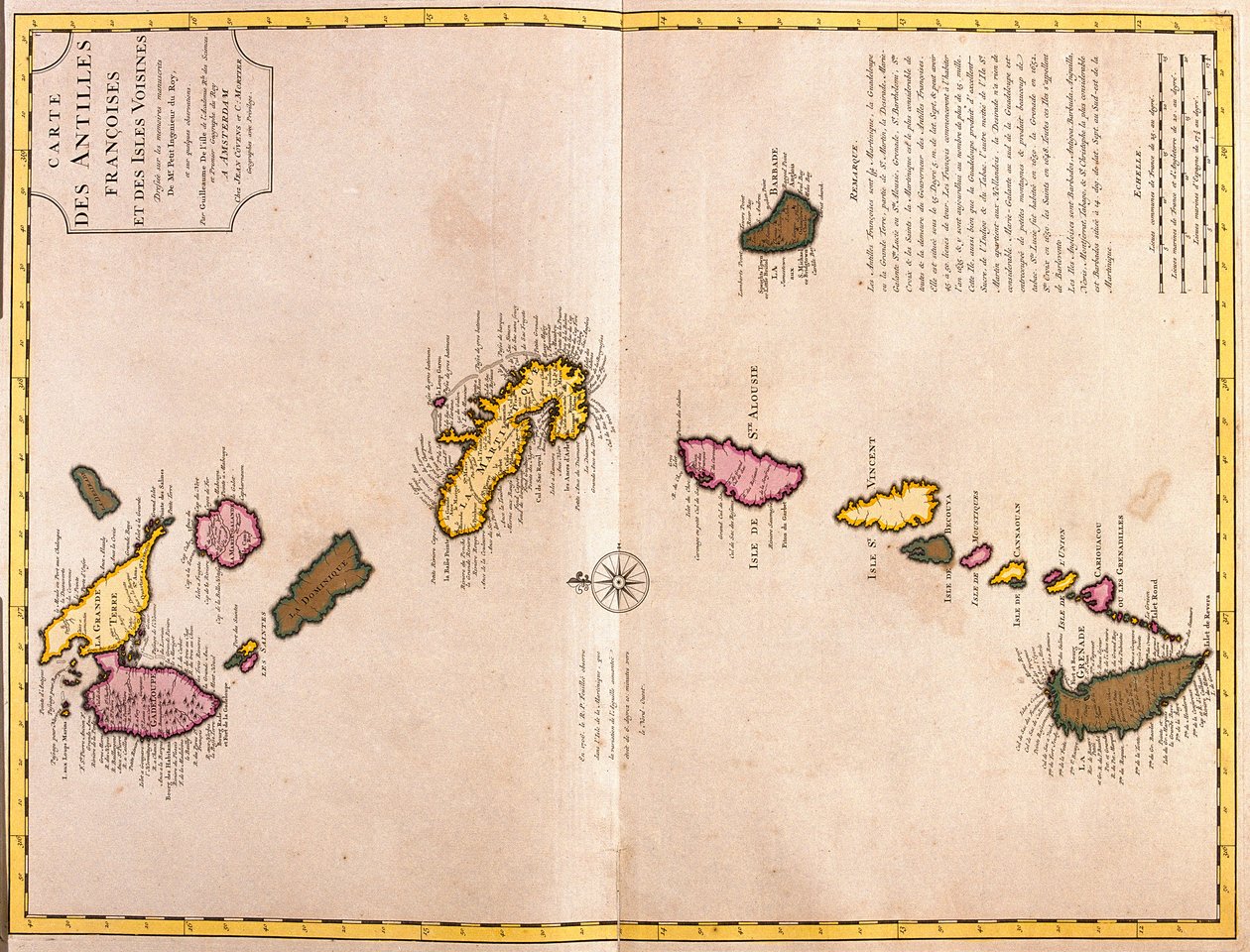Mapy karibských ostrovů (Guadeloupe, Marie Galante, Dominika, Martinik, Svatá Lucie, Svatý Vincenc, Barbados, Grenadiny a Grenada) (lept od Guillaume Delisle