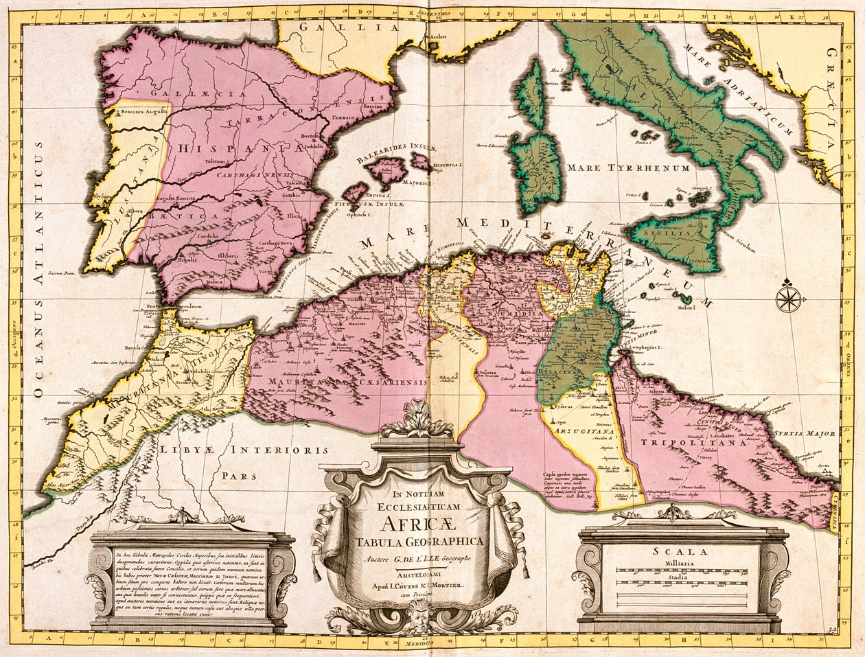 Maroko, severní Alžírsko, Tunisko, severozápadní Libye, Španělsko, Portugalsko, Itálie (kromě severu). od Guillaume Delisle