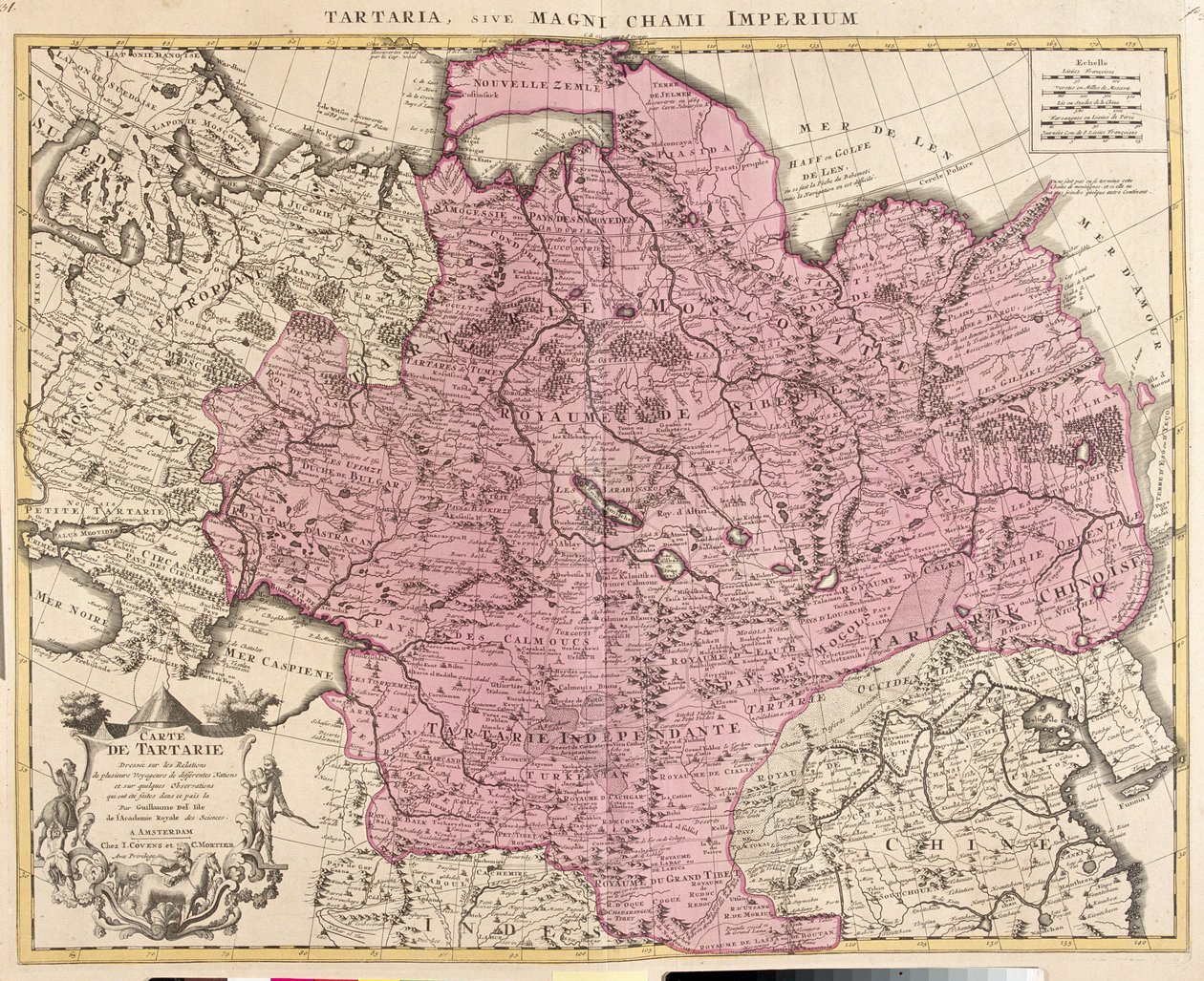 Rusko, Kazachstán, Uzbekistán, Kyrgyzstán, Tádžikistán, velká část Číny (kromě jihovýchodu), Mongolsko. od Guillaume Delisle