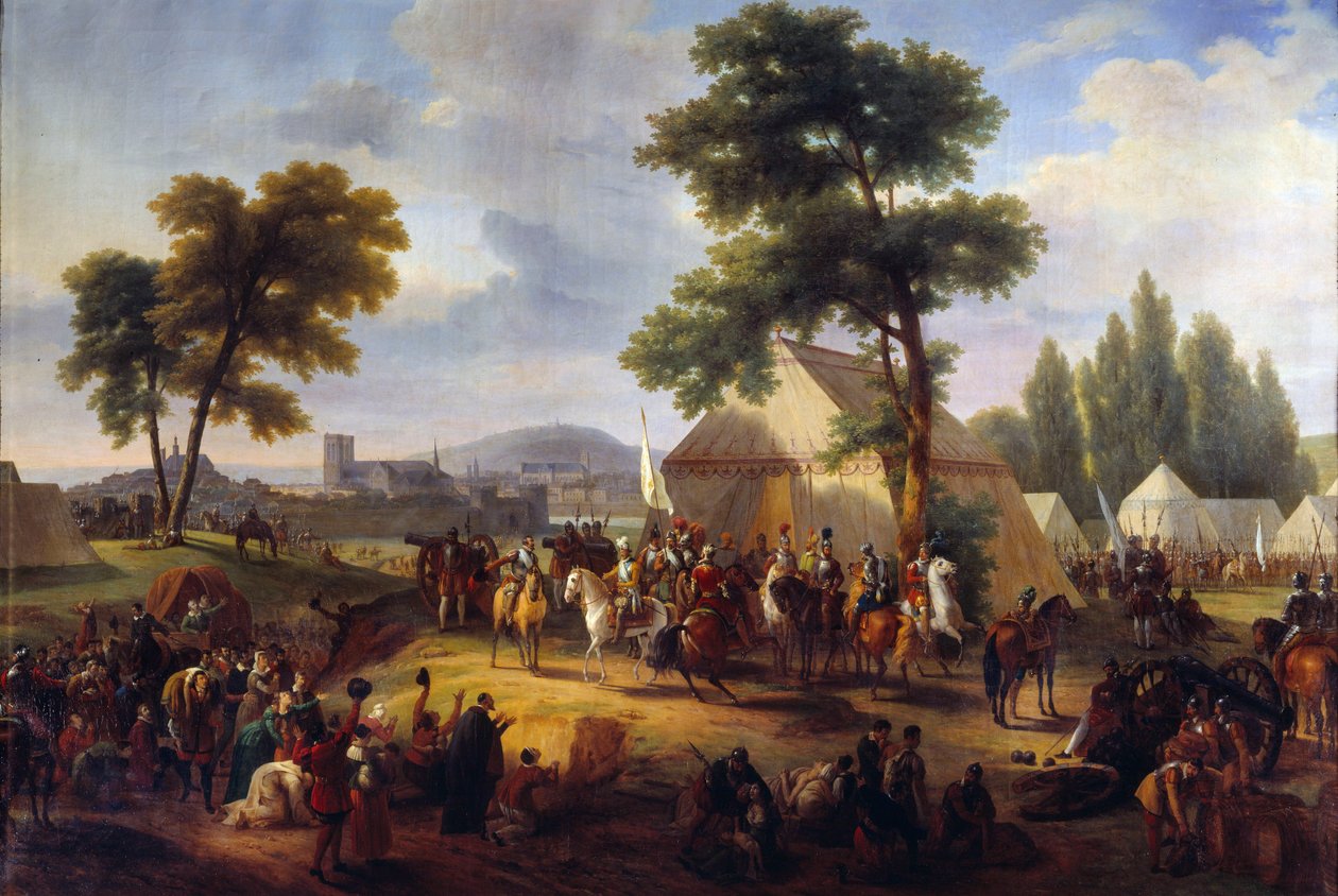 Válka náboženství: „“ Král Jindřich IV. (1553-1610) poblíž Paříže během obléhání města v roce 1590 zásobuje hladovějící Pařížany““ Obraz Frederica Ronmyho (1786-1854) Rouen z 19. století, Musee des Beaux Arts od Guillaume Frederic Ronmy