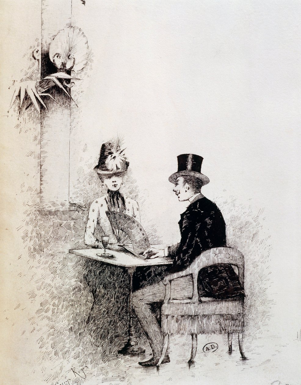Pár v pařížské kavárně (inkoust na papíře) od Guillaume Georges Roger