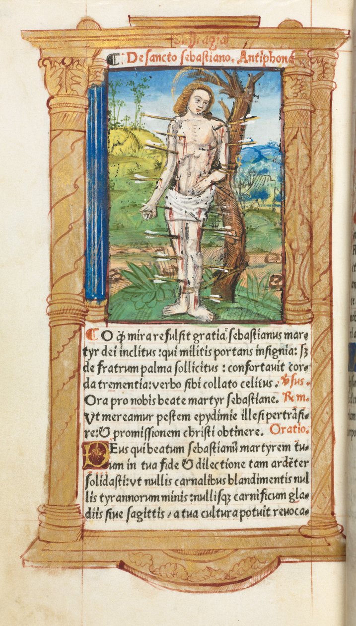 Tištěná kniha hodin (římské užití): fol. 102v, sv. Šebestián od Guillaume Le Rouge