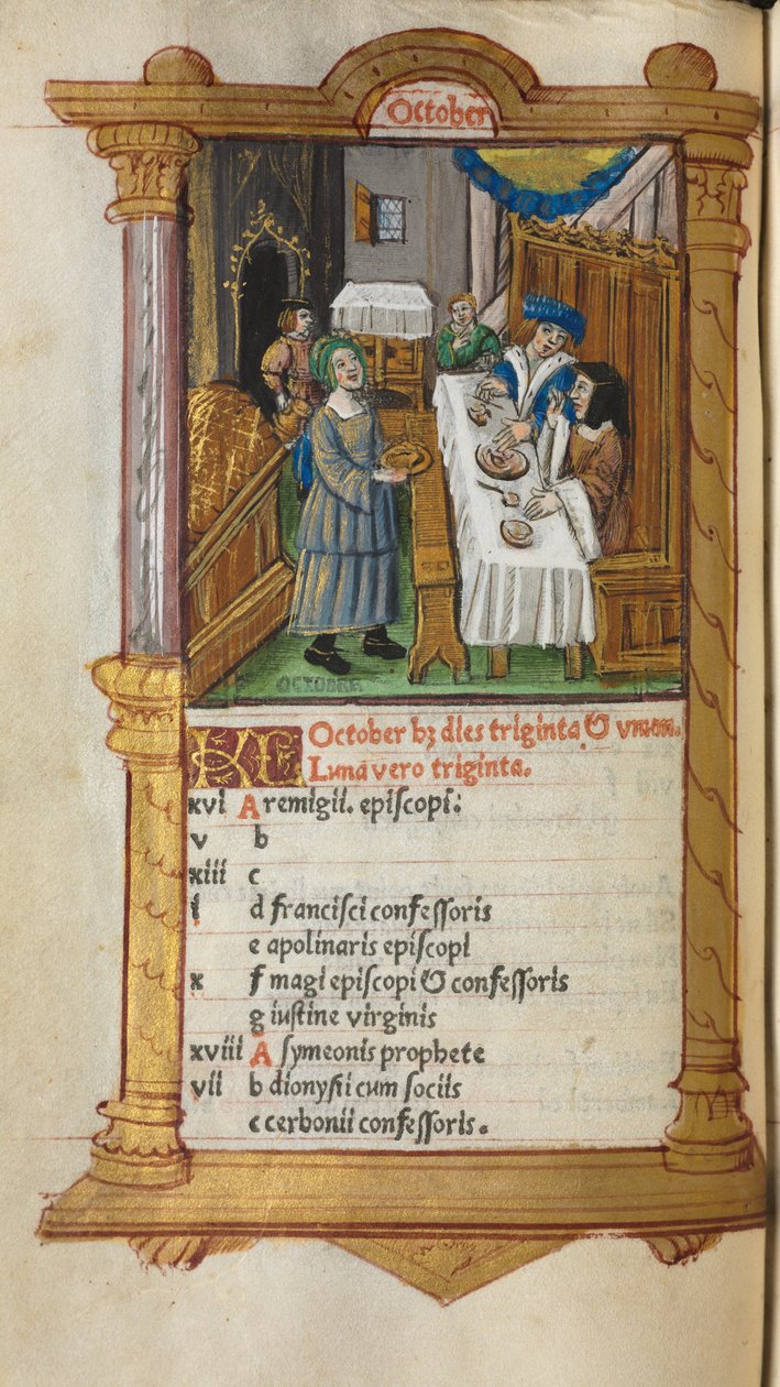 Tištěná kniha hodin (Řím): fol. 11v, říjnová kalendářní strana od Guillaume Le Rouge