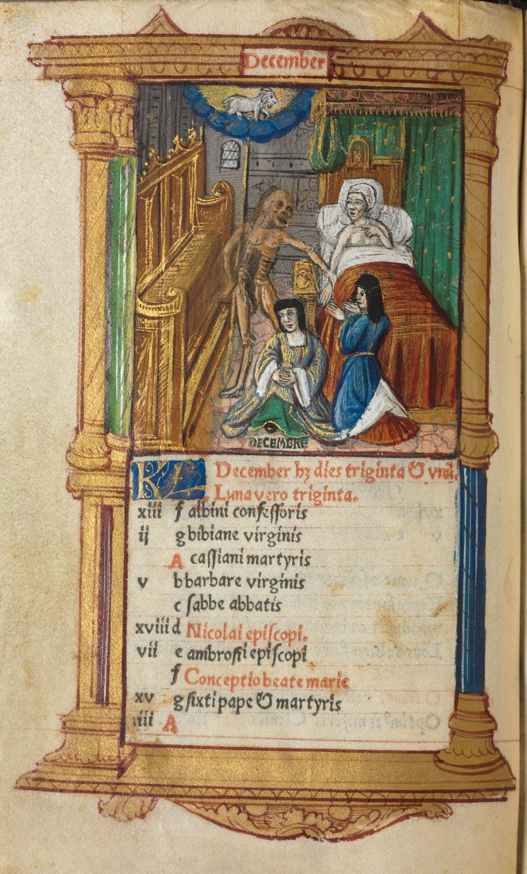 Tištěná kniha hodin (Řím): fol. 13v, prosincová kalendářní strana od Guillaume Le Rouge