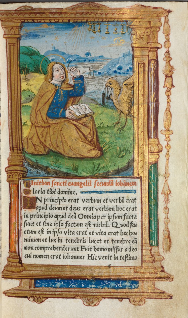 Tištěná kniha hodin (římské užití): fol. 17r, sv. Jan na Patmosu od Guillaume Le Rouge