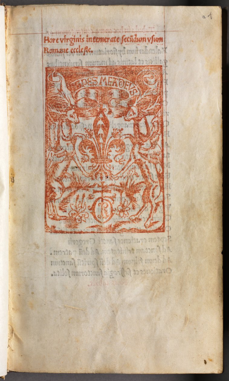 Tištěná kniha hodin (užívání v Římě): fol. 1r, tiskařská značka od Guillaume Le Rouge
