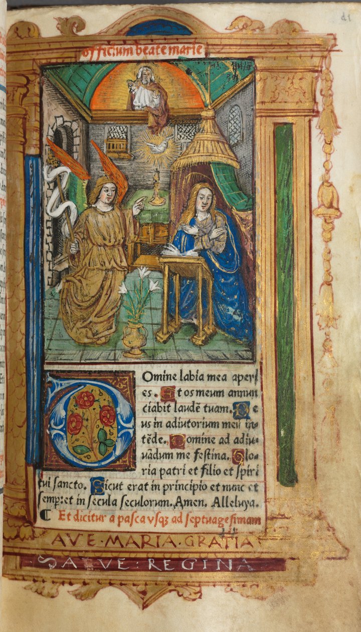 Tištěná kniha hodin (římské užití): fol. 25r, Zvěstování Panně Marii od Guillaume Le Rouge