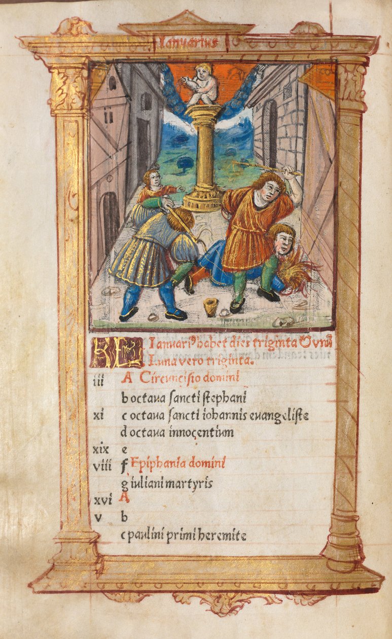 Tištěná kniha hodin (Řím): fol. 2v, ilustrace lednového kalendáře od Guillaume Le Rouge