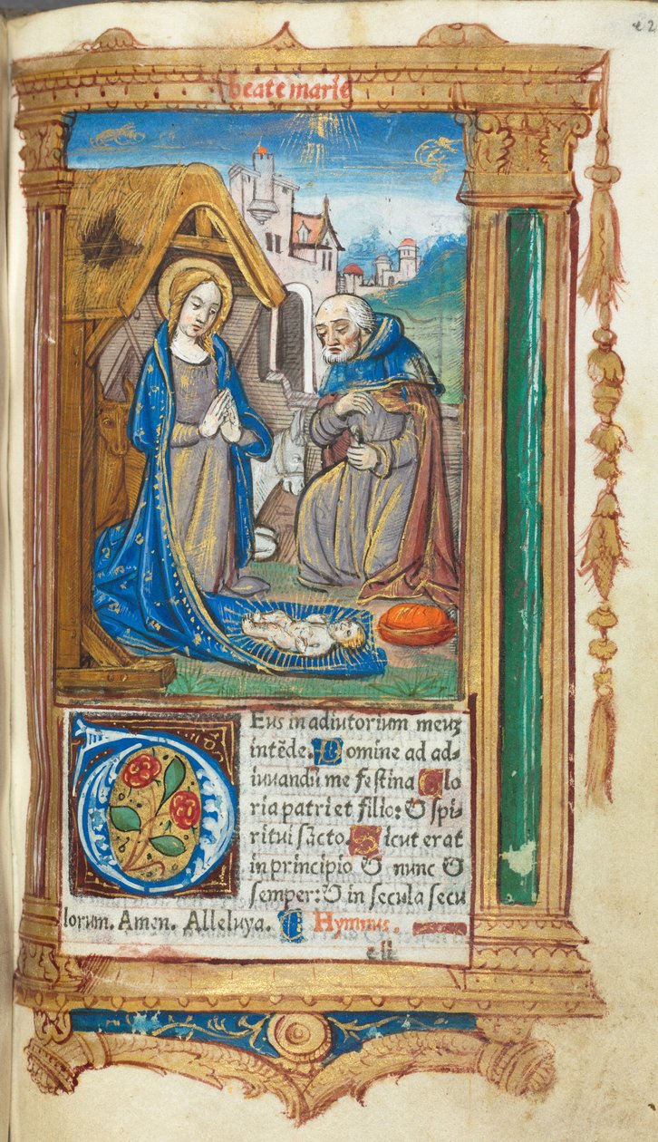 Tištěná kniha hodin (římské užití): fol. 34r, Narození Páně od Guillaume Le Rouge
