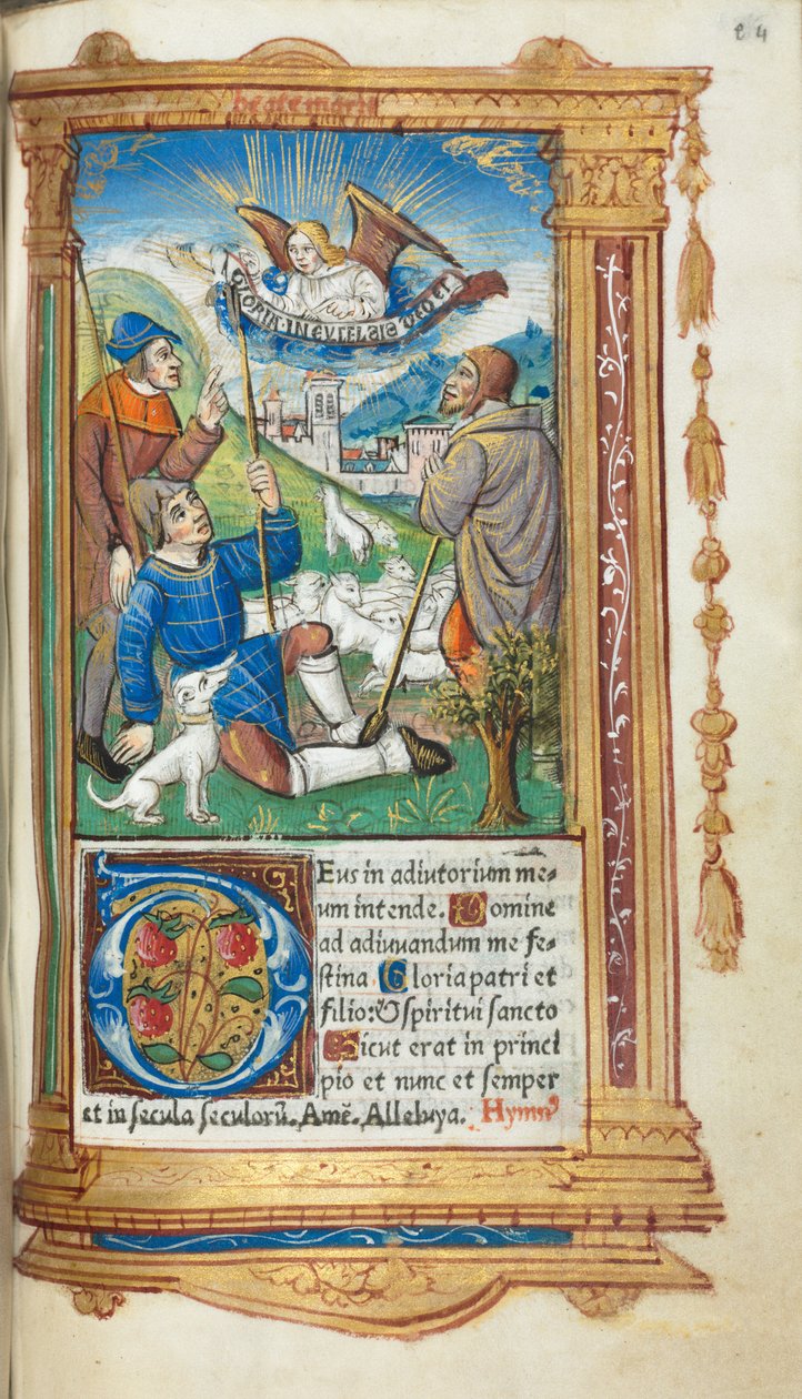 Tištěná kniha hodin (římské užití): fol. 36r, Zvěstování pastýřům od Guillaume Le Rouge