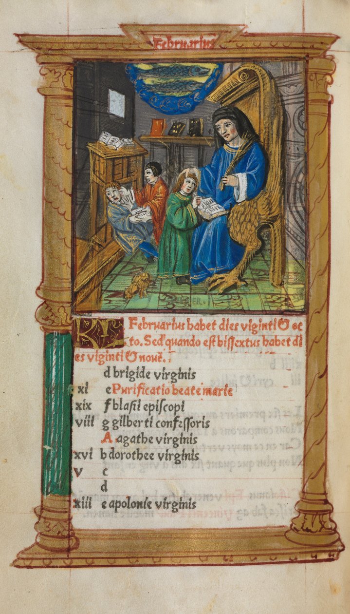 Tištěná kniha hodin (římské užití): fol. 3v, únorová kalendářní ilustrace od Guillaume Le Rouge