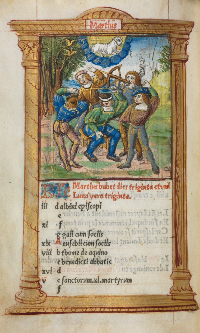 Tištěná kniha hodin (Řím): fol. 4v, ilustrace březnového kalendáře od Guillaume Le Rouge