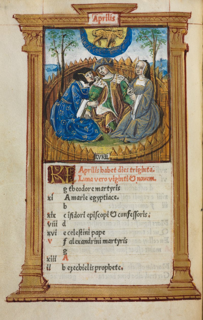 Tištěná kniha hodin (Řím): fol. 5v, ilustrace dubnového kalendáře od Guillaume Le Rouge