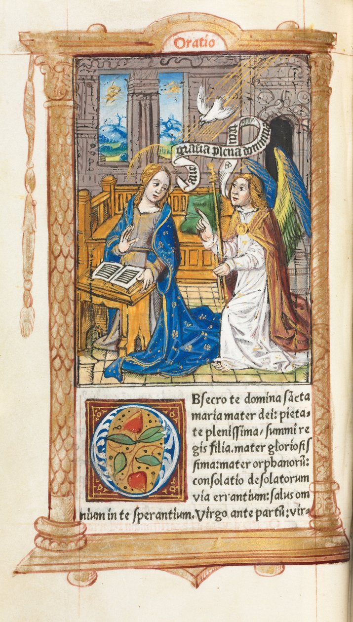 Tištěná kniha hodin (římské užití): fol. 60v, Zvěstování Panně Marii od Guillaume Le Rouge