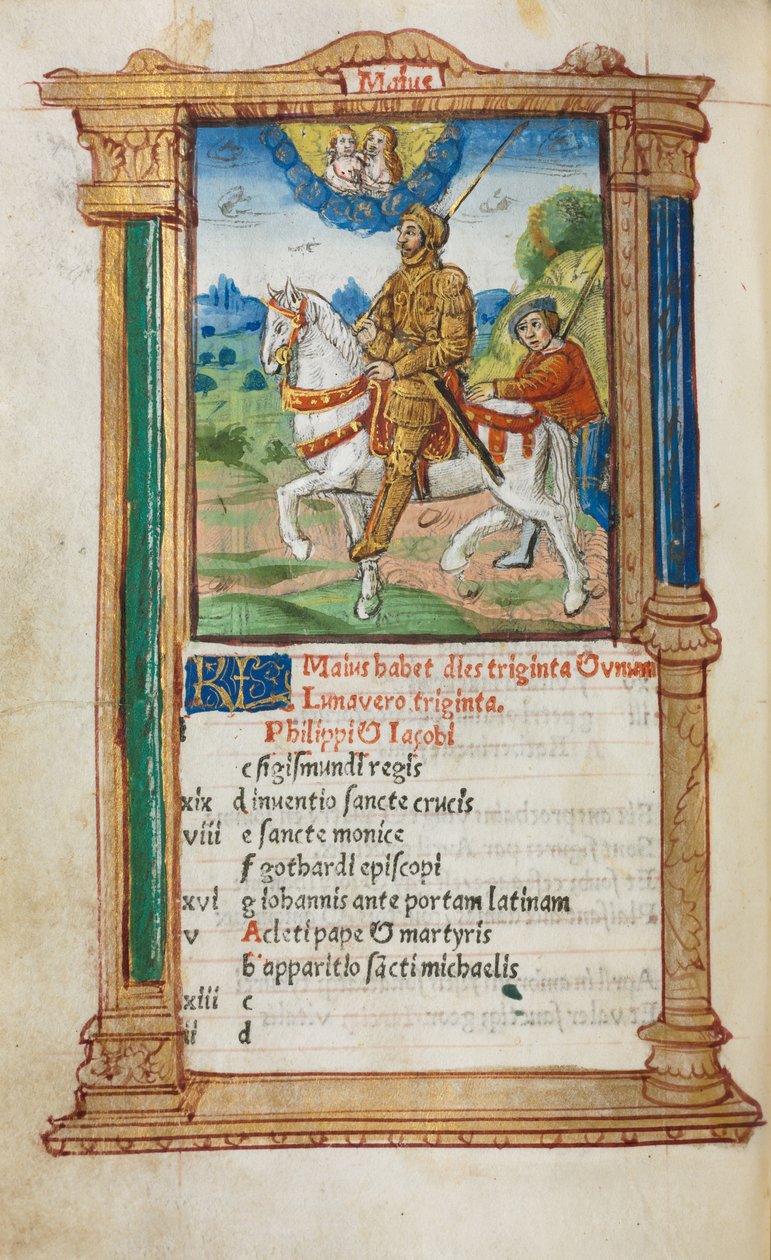 Tištěná kniha hodin (Řím): fol. 6v, ilustrace květnového kalendáře od Guillaume Le Rouge