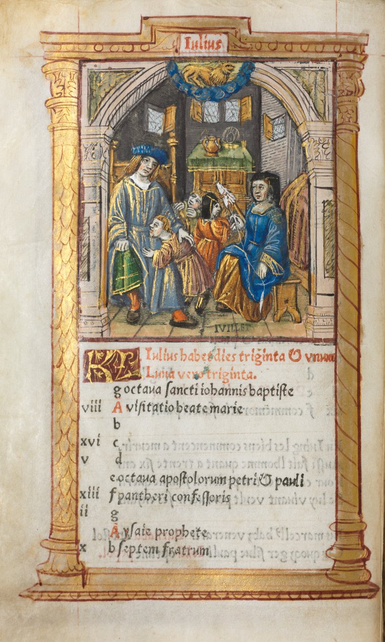 Tištěná kniha hodin (Řím): fol. 8v, červencová kalendářní ilustrace od Guillaume Le Rouge