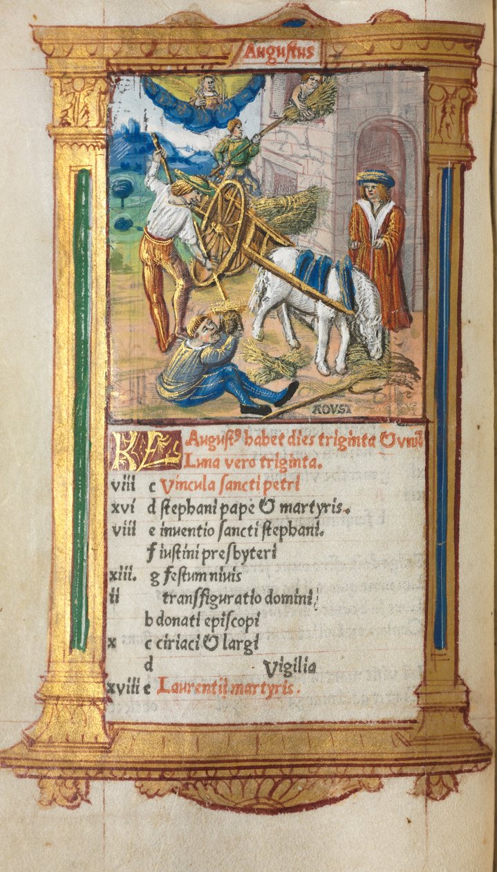 Tištěná kniha hodin (Řím): fol. 9v, ilustrace srpnového kalendáře od Guillaume Le Rouge