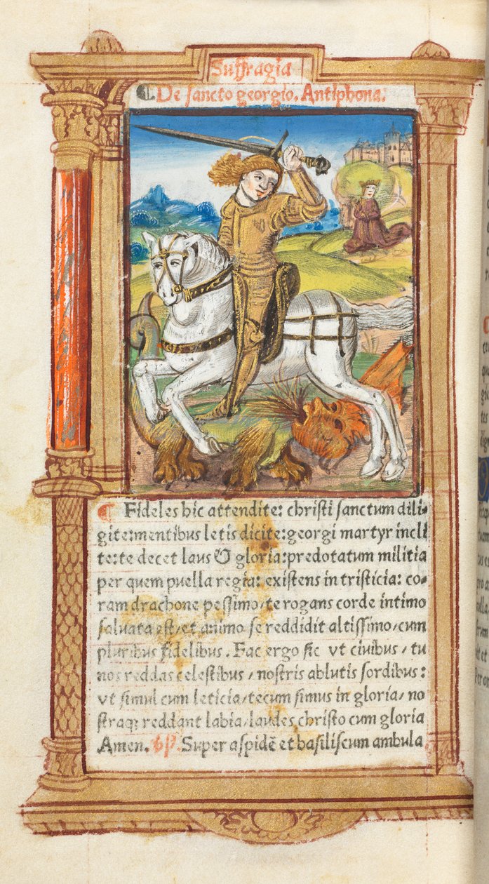 Tištěná kniha hodin Použití Říma: fol. 103v, Svatý Jiří zabíjející draka, 1510. od Guillaume Le Rouge