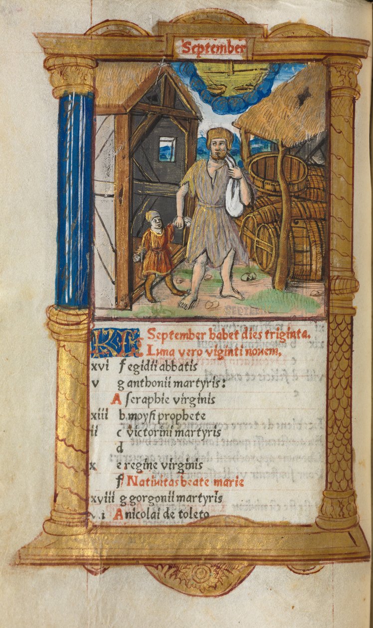 Tištěná kniha hodin Použití Říma: fol. 10v, ilustrace kalendáře září, 1510. od Guillaume Le Rouge