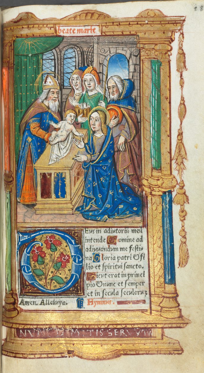 Tištěná kniha hodin Použití Říma: fol. 40r, Prezentace v chrámu, 1510. od Guillaume Le Rouge