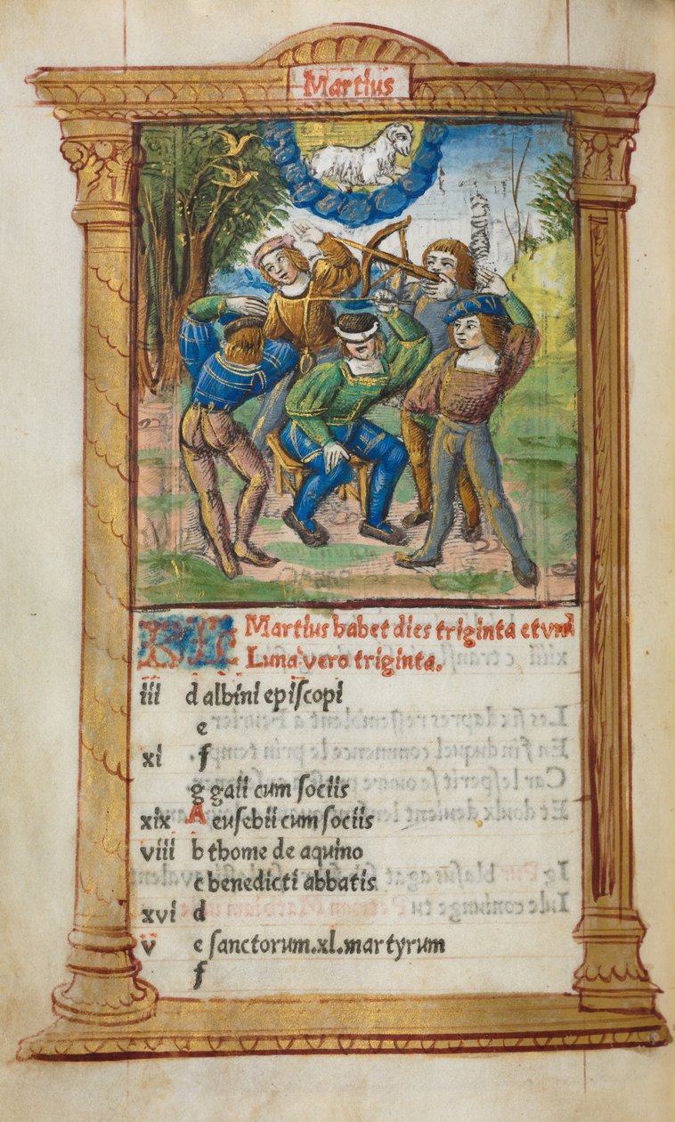 Tištěná kniha hodin Použití Říma: fol. 4v, ilustrace březnového kalendáře, 1510. od Guillaume Le Rouge