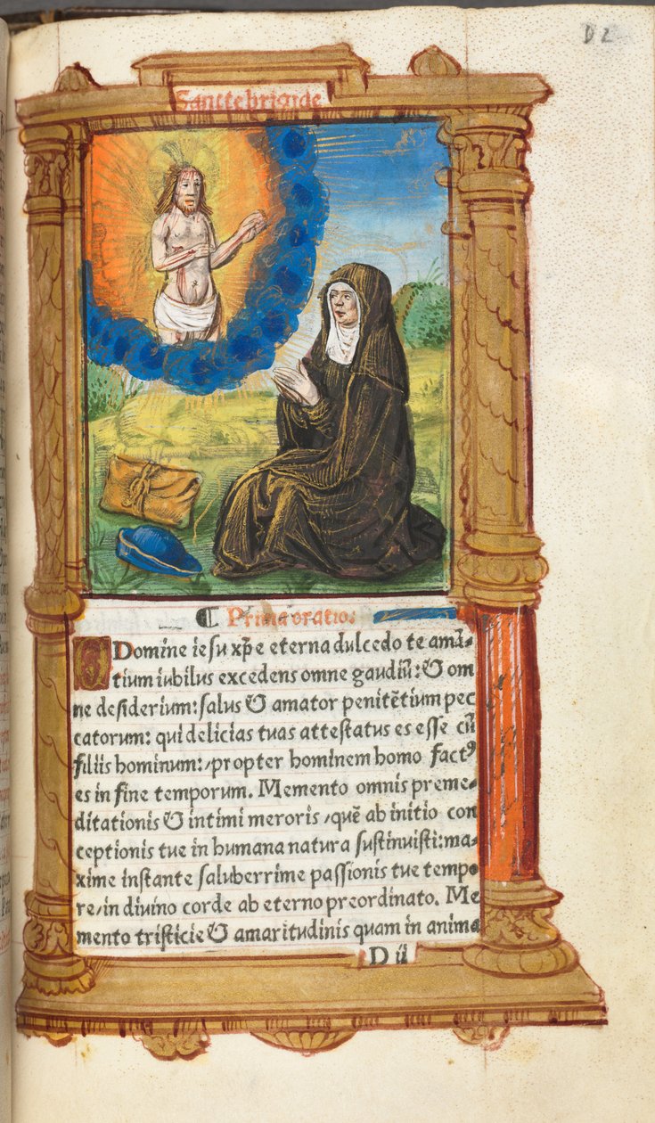 Tištěná kniha hodin Použití Říma: fol. 90r, Svatá Brigita v modlitbě před zjevením Krista, od Guillaume Le Rouge