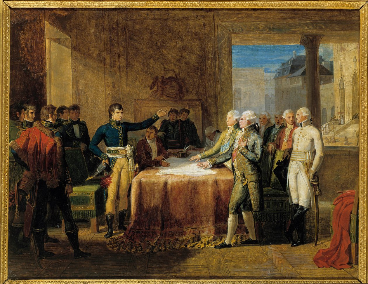 Napoleonská válka: „“Podpis předběžných opatření Leobenského míru““ (17. od Guillaume Lethiere