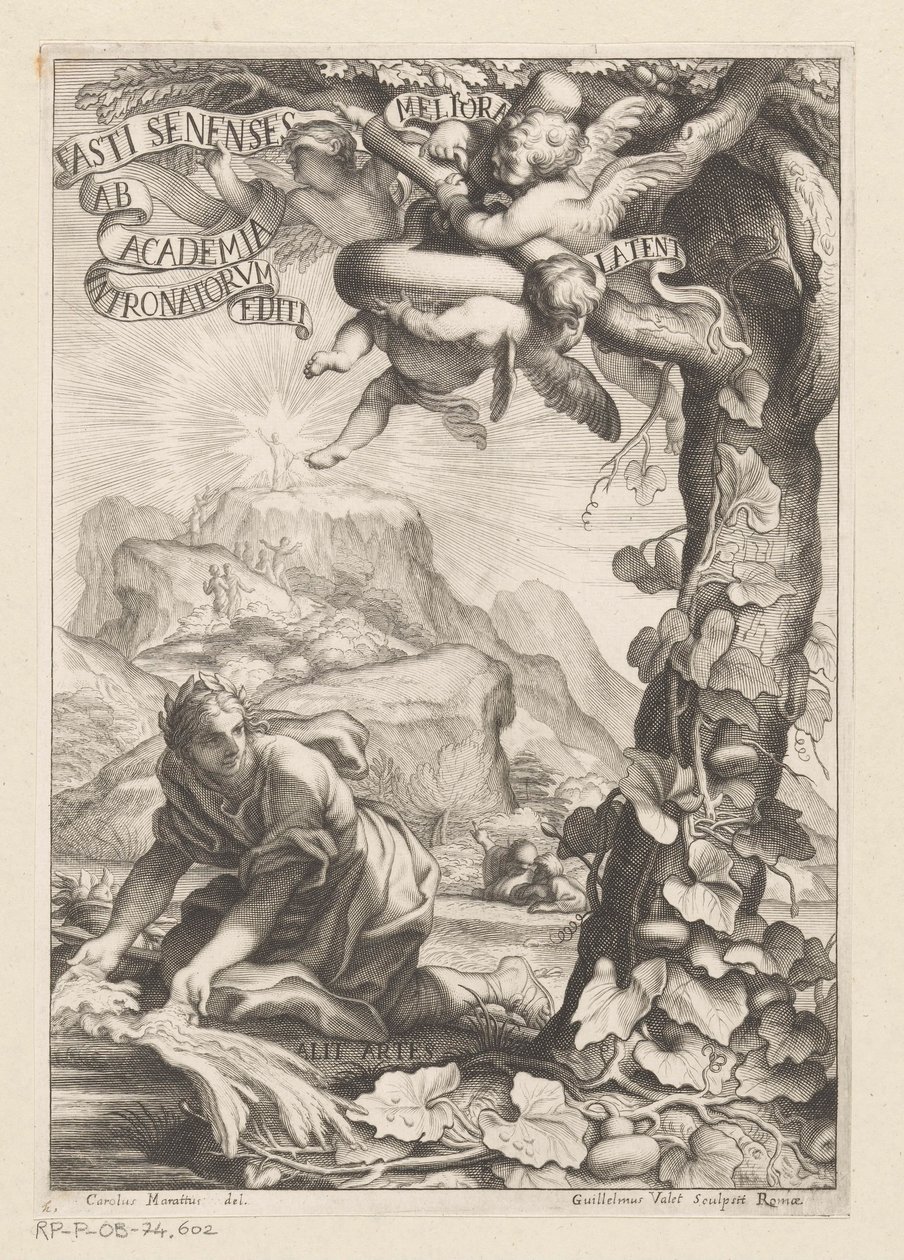 Alegorické znázornění uznávané ženy zalévající tykev; v pozadí postavy vystupují na horu Titulní strana pro: Giovanni Baptista Ferrari, Fasti Senenses, Ab Academia Intronatorum Editi, 1661 od Guillaume Vallet
