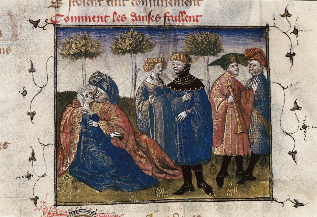 Galantní scéna dvořanů, miniatura v „Roman de la Rose“ od Guillauma Lorrise od Guillaume de Lorris