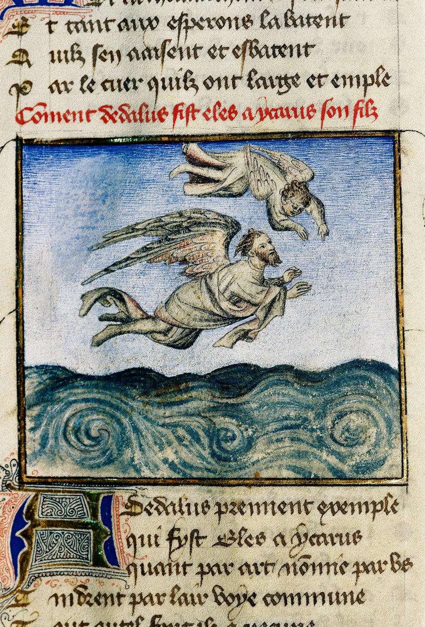 "" Dedale a Icarus "" (Icarus a Daedalus) Aby unikl na Minos, Dedale tlačí svého syna Ikara, aby odletěl díky svým voskovým křídlům. Miniatura od Guillauma Lorrise z rukopisu „"Řím z růže" od Guillaume de Lorris
