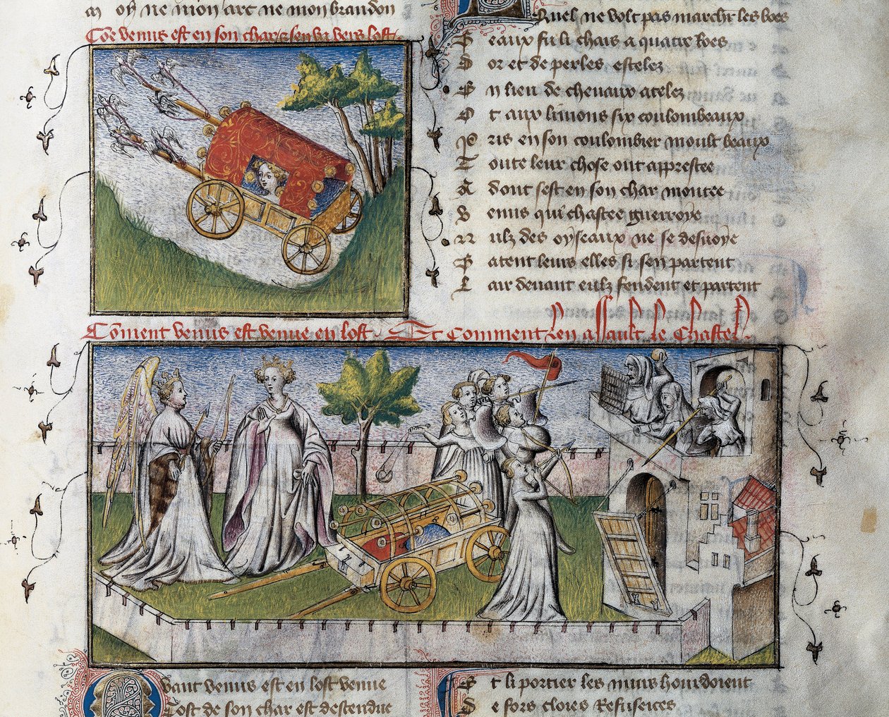Jak Venuše přichází a zaútočila na hrad postavený žárlivostí, Miniatura od Guillauma Lorrise z rukopisu Le Romanesque de la Rose, od Guillaume de Lorris