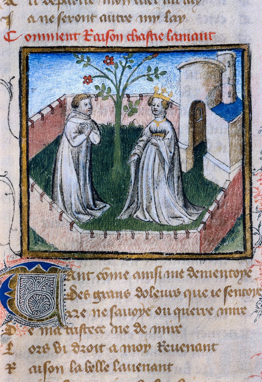 Znázornění páru milenců u růže, miniatura v "Roman de la Rose" od Guillaume de Lorris