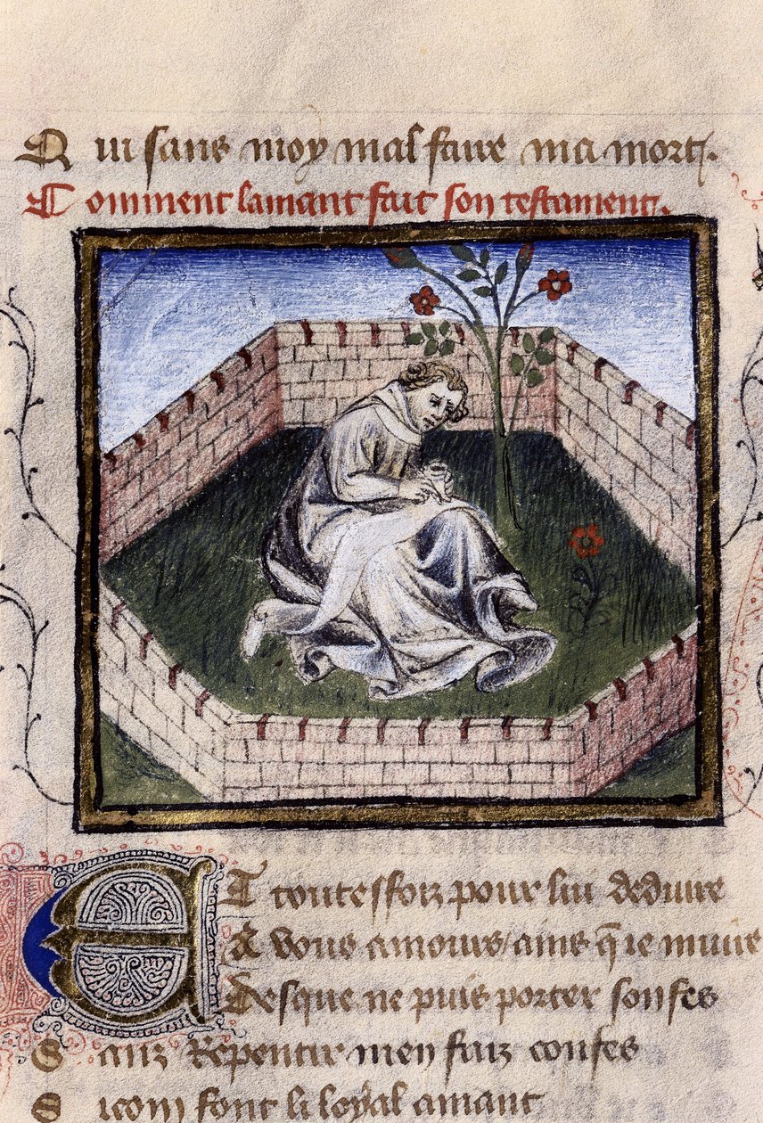 Znázornění mladého zamilovaného chlapce v zahradě rozkoší při objevování Narcisovy fontány, miniatura v „Roman de la Rose“ od Guillauma Lorrise od Guillaume de Lorris