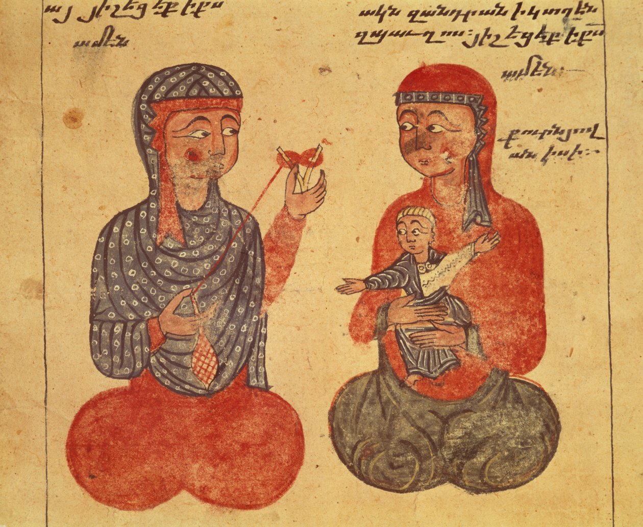 Ms 481 fol. 10r Sestra Ovanes a její následovník Spinning Wool, z evangelia od Guirages