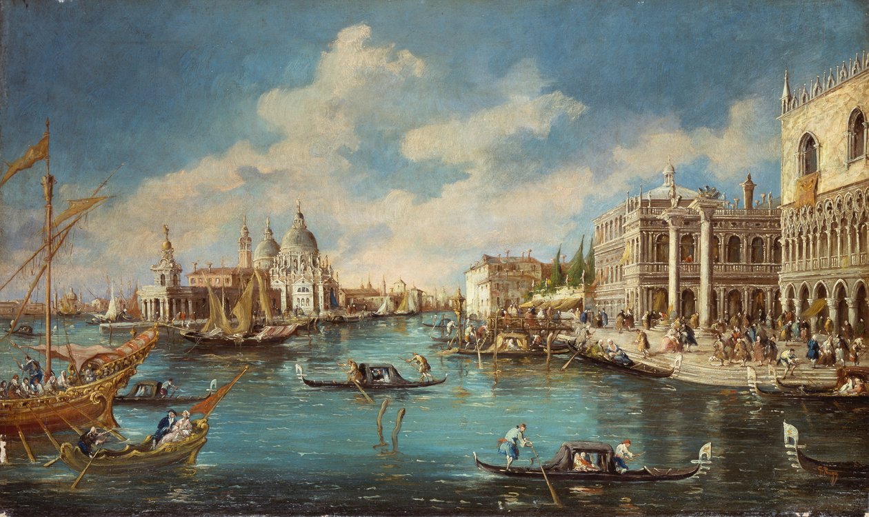 Salute kostel pohled z Riva degli Schiavoni (chodník), od Giuseppe Ponga (1856-1925), olej na plátně, 60x100 cm od Guiseppe Ponga
