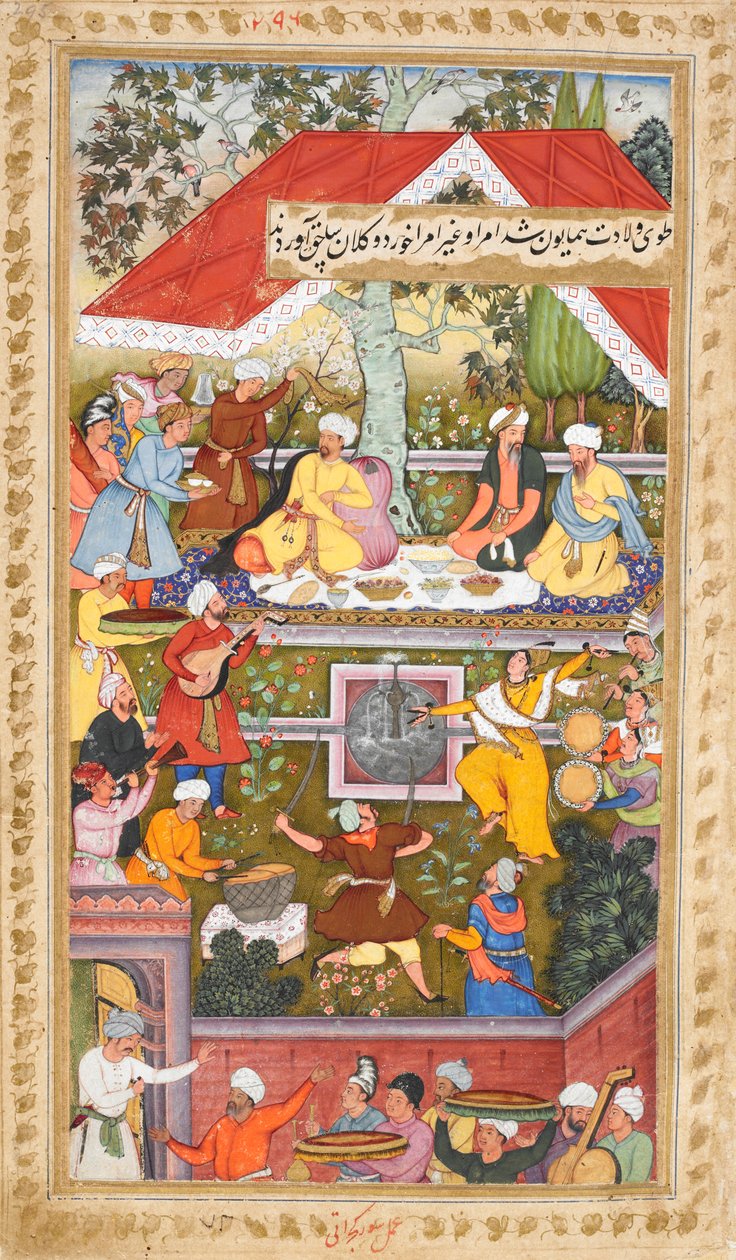 Oslavy na počest Humájúnova narození v kábulském Čahar Baghu (Sur Gujarati), asi 1590 (neprůhledný akvarel) od Gujarati Sur