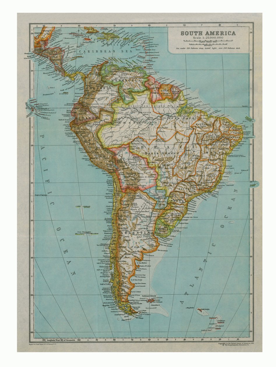 Mapa Jižní Ameriky, c1910 od Gull Engraving Company