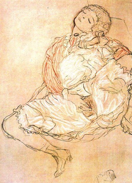Masturbace Angličtina: Žena sedící s otevřenými stehny Deutsch: Frau bei der Selbstbefriedigungn od Gustav Klimt