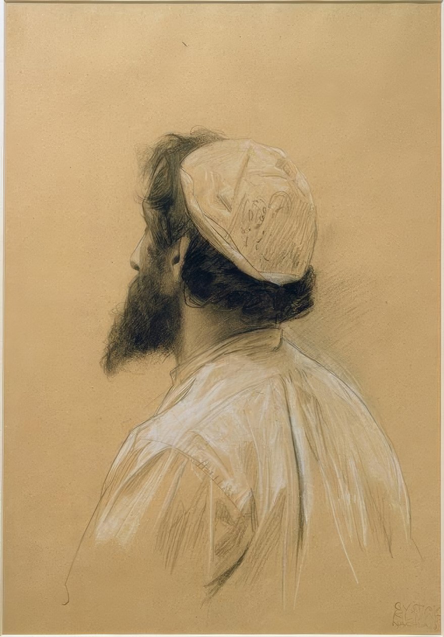 Vousatý mladší muž s čepicí ve ztraceném profilu... od Gustav Klimt