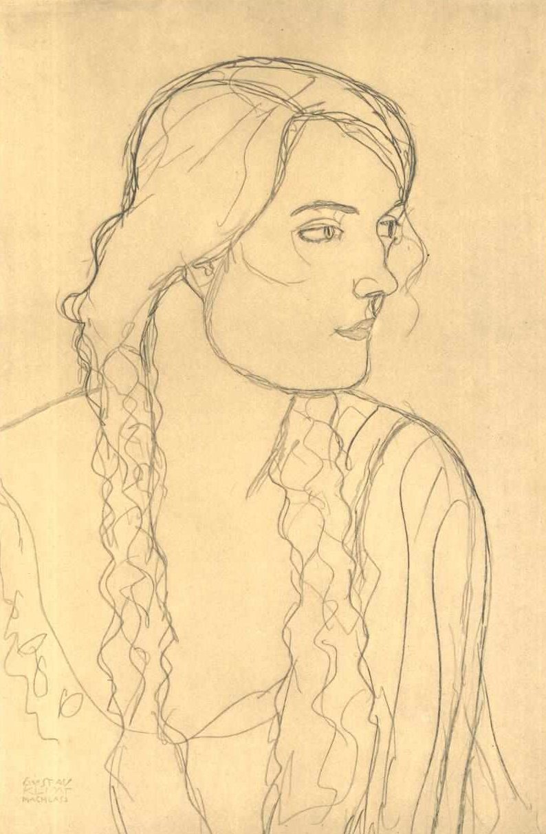 Poloviční portrét dívky s copánky od Gustav Klimt
