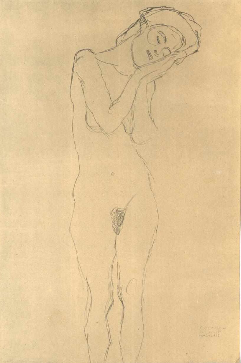 Nahá dívka zepředu s rukou na tváři od Gustav Klimt