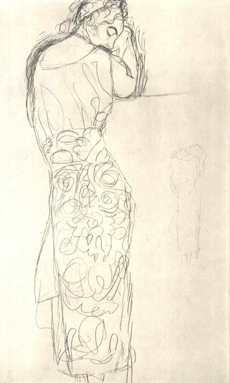 Pohled zezadu na stojící ženu ve vzorované sukni od Gustav Klimt