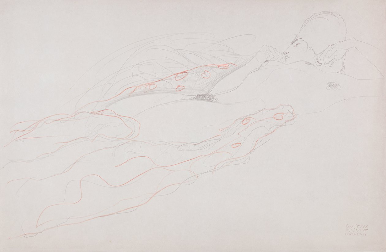 Ležící akt (tužka a barevná křída na papíře) od Gustav Klimt