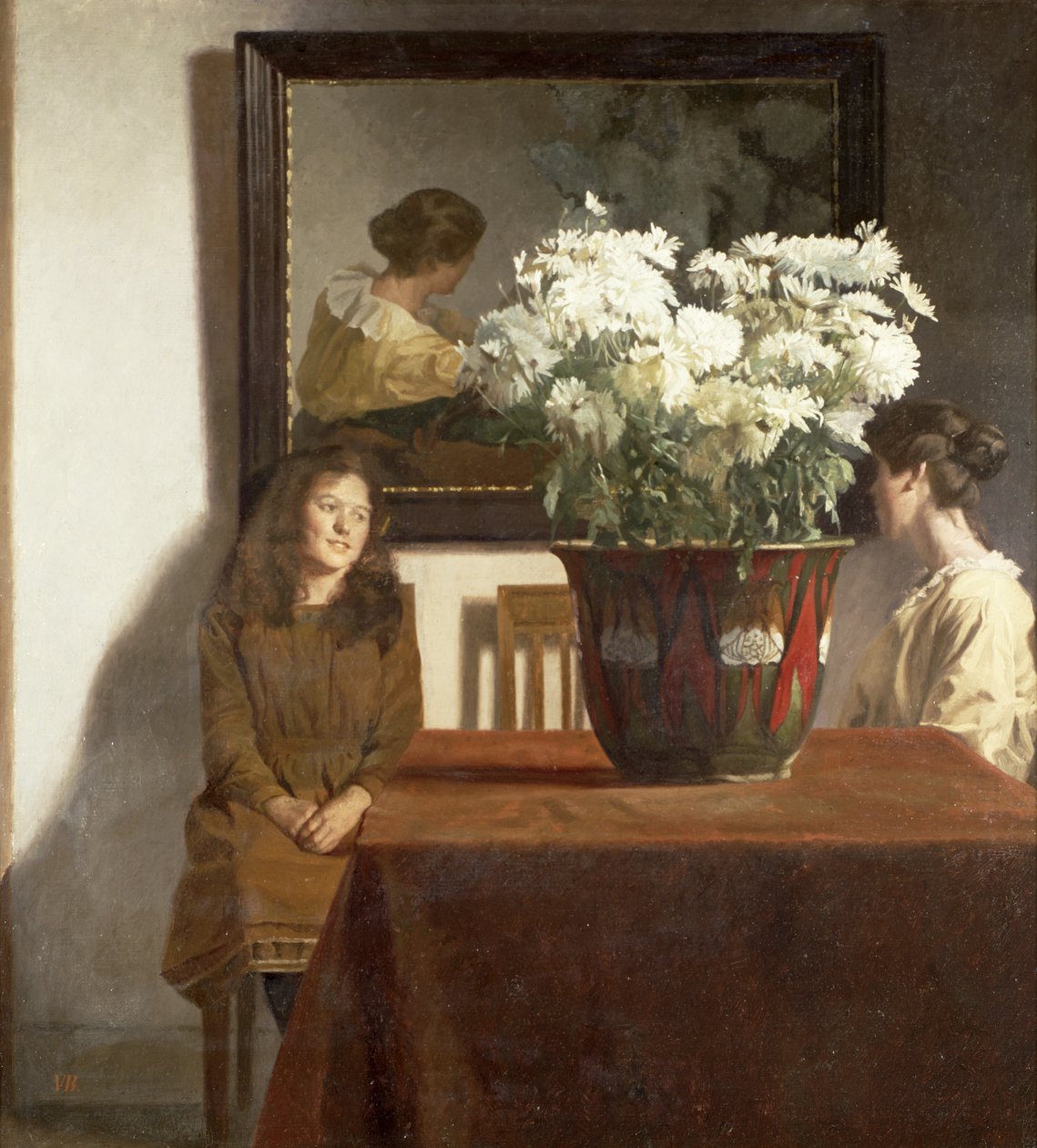 Figurky s miskou bílých chryzantém od Gustav Wilhelm Blom