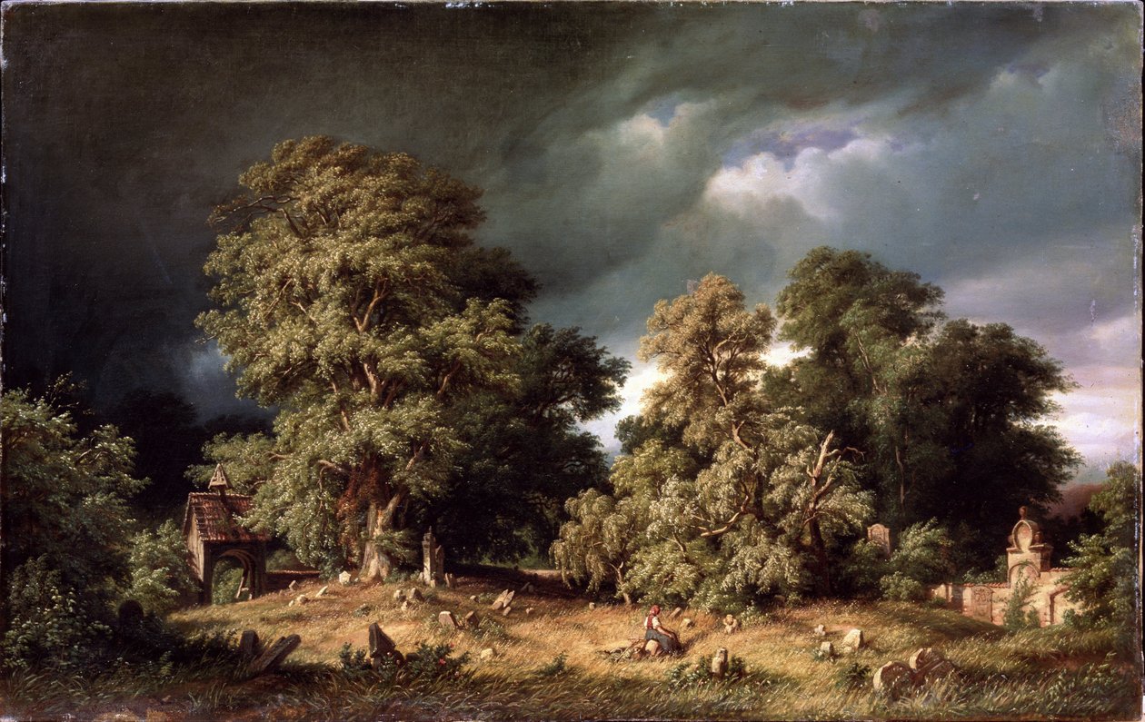 Starý hřbitov. Žena sedí sama na odlehlém venkovském hřbitově, zatímco obloha se plní temnými mraky. Obraz Gustava Paula Closse (1840-1870), olej na plátně, kolem roku 1865. Německé umění, krajina 19. století. Pan. od Gustav Adolf Closs