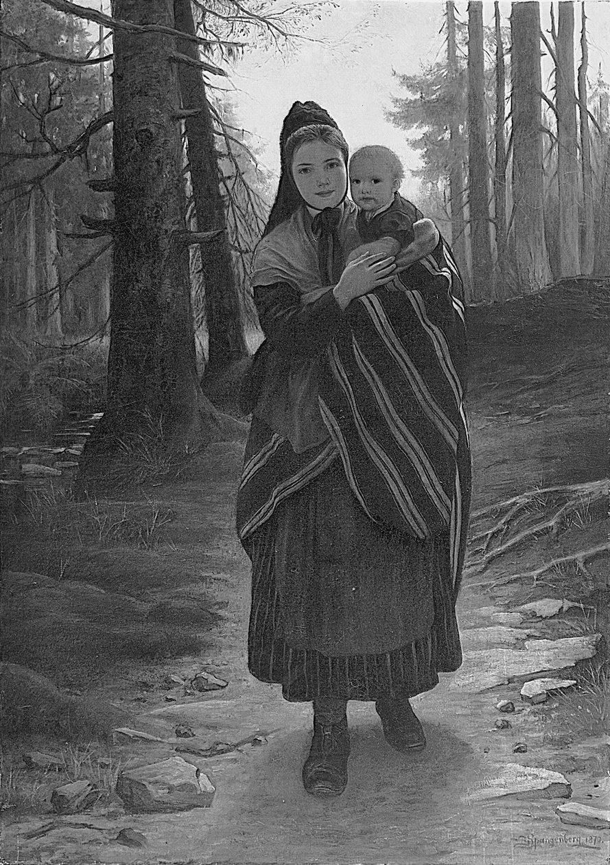 Matka a dítě na zalesněné cestě (olej na plátně položeném na palubě) od Gustav Adolph Spangenberg